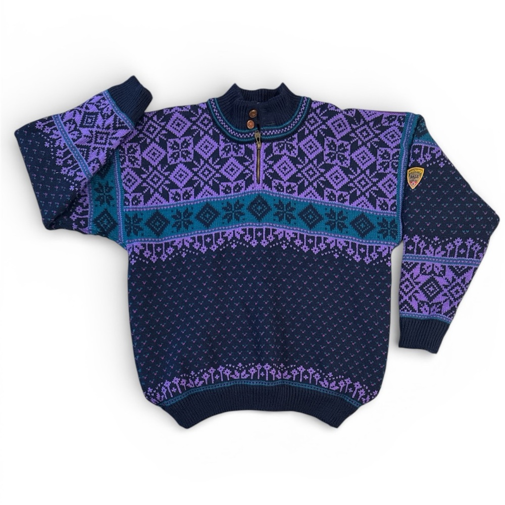 Dale of Norway Blue and Purple 1/4 Zip-Up Wind Stopper Sweater Men’s Large